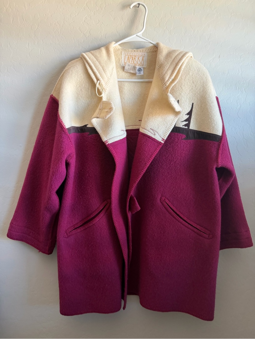 ParkRag Hooded Two-Tone Wool Pea Coat in Berry and Cream